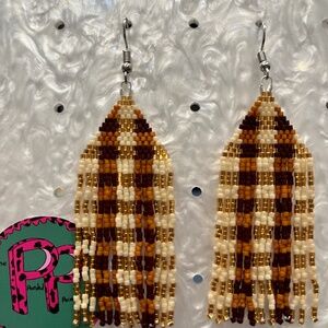 Gorgeous Plaid Fringe Earrings (Dangle, Miyuki, Multi-Colored, Gold, Brown)